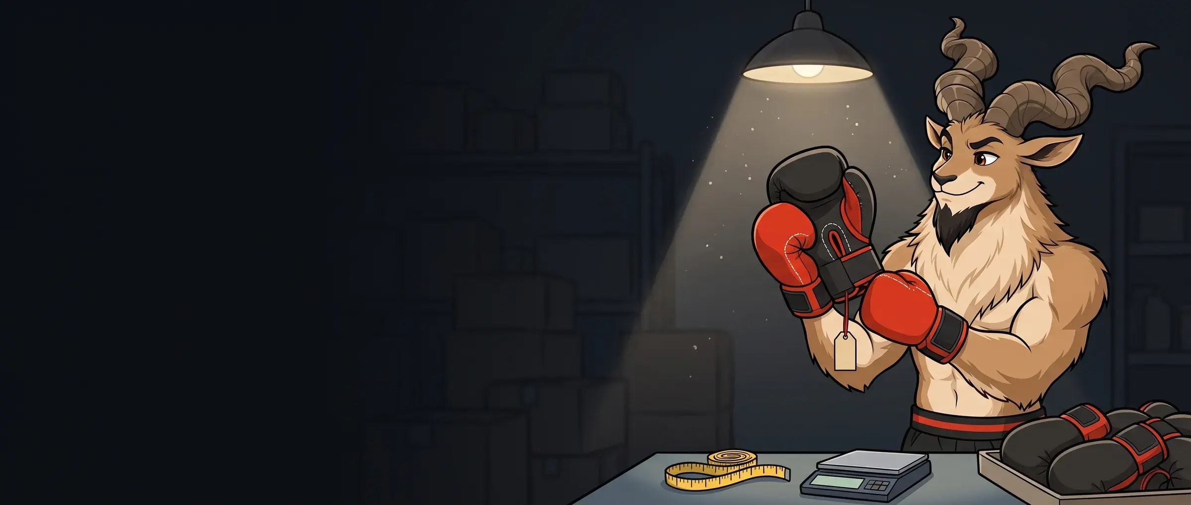 Marko, the Sparwright mascot, checks a new boxing glove against its tagged approved sample under a workshop lamp.