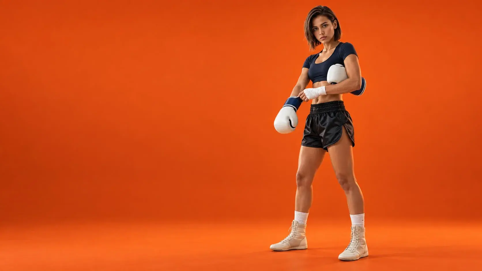 A boxer on a burnt orange backdrop closing the hook-and-loop strap of a matte white training glove with navy cuffs, the second glove tucked under the arm.