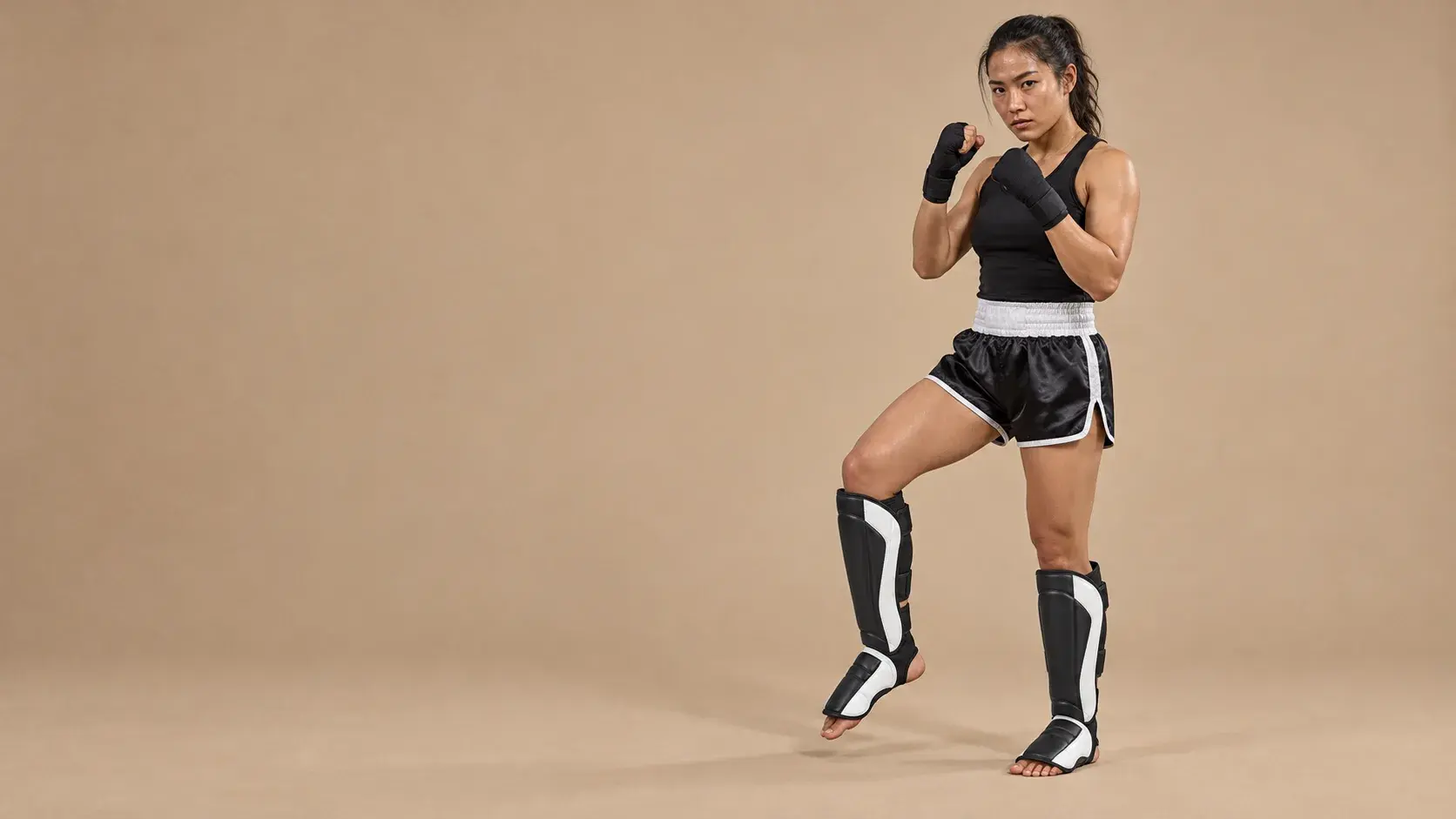 A Muay Thai fighter on a warm sand backdrop in black and white shin-and-instep guards, black hand wraps, a black vest and black satin shorts.