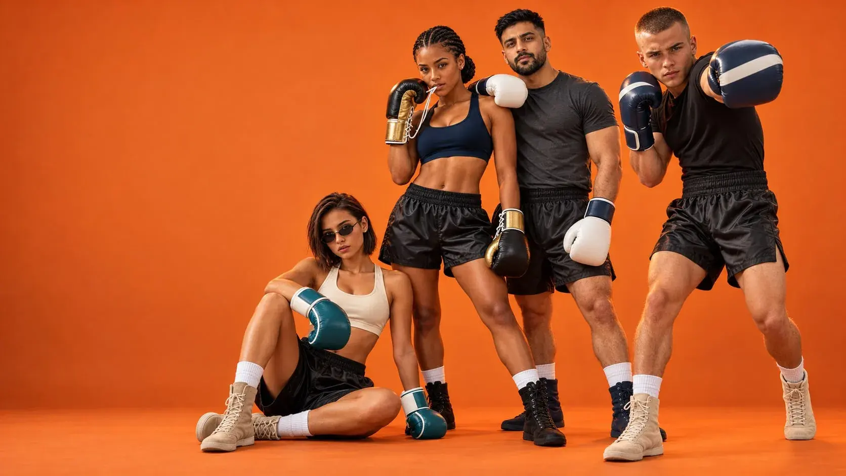 Four boxers on a burnt orange backdrop, each in a different glove design: one seated on the floor in teal gloves, one pulling a black and gold lace-up glove tight with her teeth, one leaning on her shoulder in white and navy gloves, and one throwing a jab at the camera in navy gloves with a white stripe.