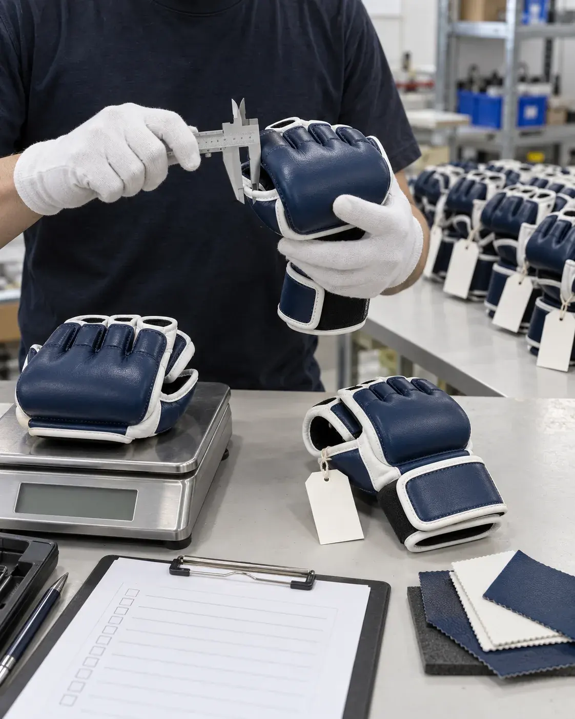 An inspector in white cotton gloves measuring the knuckle padding of a navy and white MMA sparring glove with a caliper, its pair on a digital scale, beside a tagged sample, a checklist and rows of finished pairs.