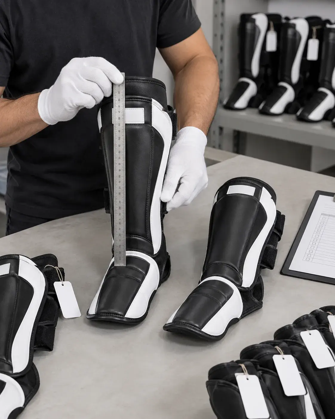 An inspector in white cotton gloves measuring the length of a black and white shin guard with a steel ruler, beside its pair, tagged guards and a checklist.