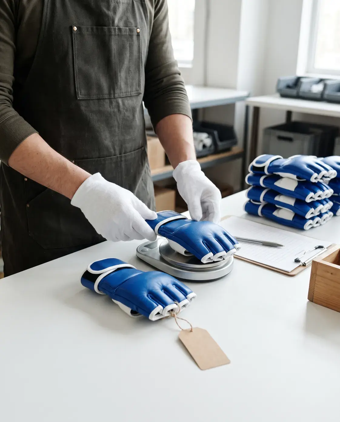 An inspector in white cotton gloves weighing a small cobalt blue and white kids' MMA glove on a digital scale, beside the tagged approved sample, a checklist and a stack of finished gloves.