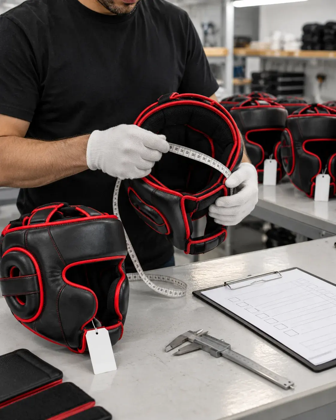 An inspector in white cotton gloves measuring the inside of a black and red head guard with a tape measure, beside a tagged sample, a caliper, a checklist and rows of finished guards.