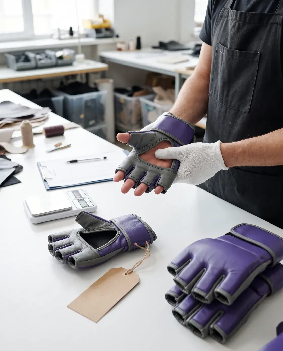 An inspector checking the open palm and finger openings of a violet and grey MMA bag glove at a workshop table, beside a digital scale, a checklist, the tagged approved sample and a stack of finished gloves.
