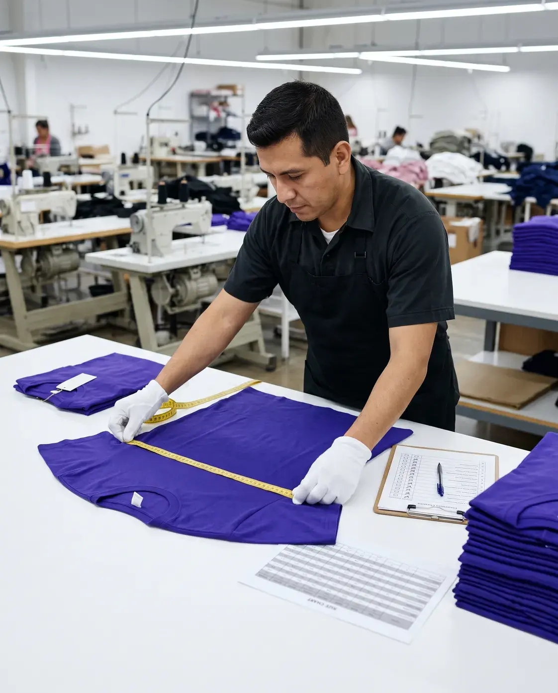 An inspector in white cotton gloves measuring a royal purple T-shirt flat on a table, with the tagged sample, a size chart, a checklist and a stack of finished T-shirts.