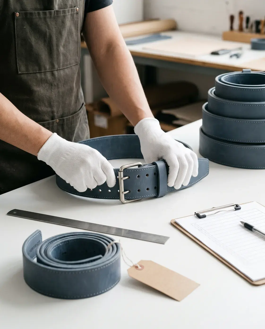 An inspector in white cotton gloves checking the double-prong steel buckle of a slate blue leather lifting belt, beside a steel ruler, the tagged approved sample, a checklist and a stack of finished rolled belts.