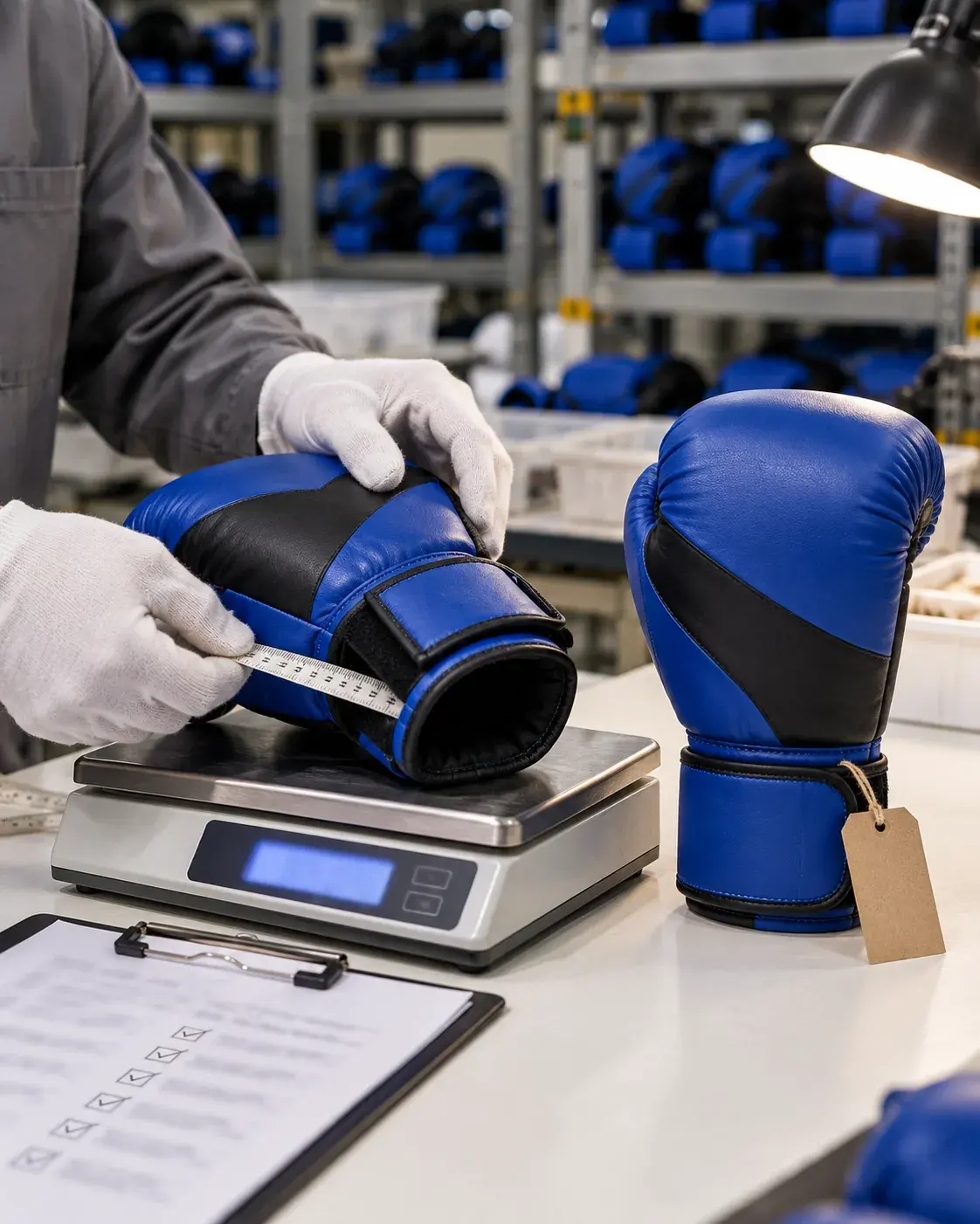 An inspector in white cotton gloves measuring the hand opening of a royal blue kids' boxing glove on a digital scale, beside the tagged approved sample and a checklist.