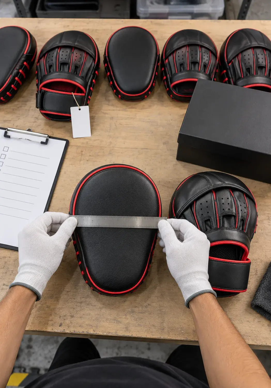 An inspector in white cotton gloves laying a steel ruler across the striking face of a black and red focus mitt, beside a checklist, a tagged sample and rows of finished mitts.