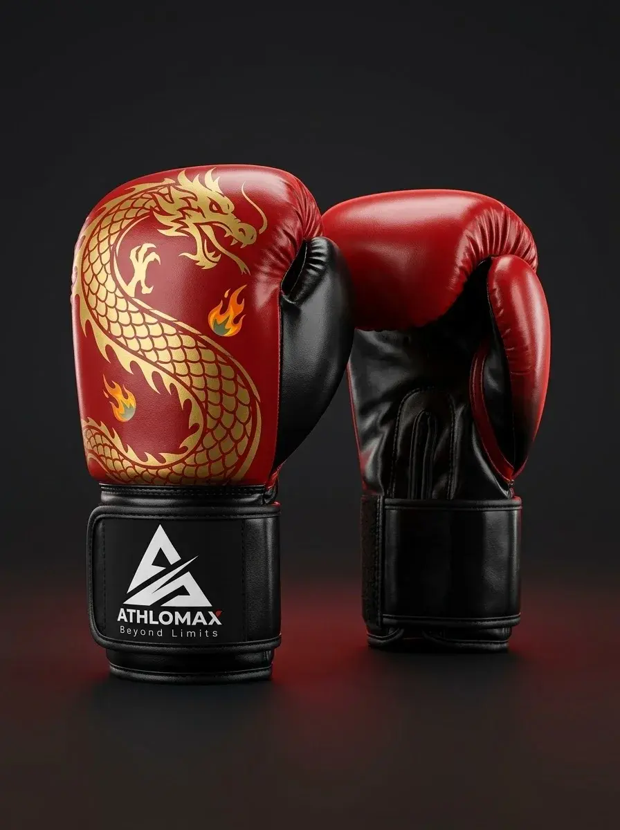 A pair of red and black Athlomax kids' boxing gloves with a gold dragon printed down the back of the hand and the Athlomax logo on the black strap.