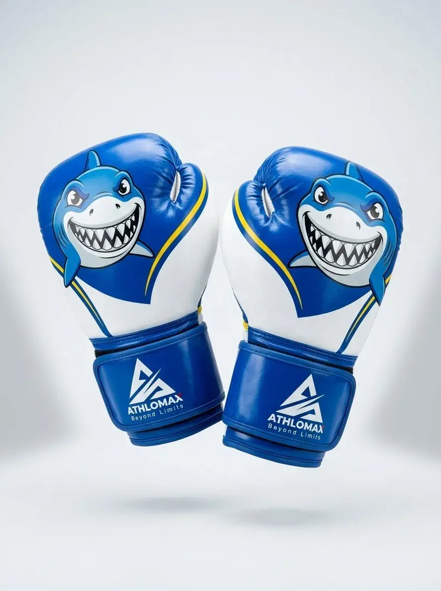 A pair of blue and white Athlomax kids' boxing gloves with a grinning cartoon shark printed on each and the Athlomax logo on the blue straps.