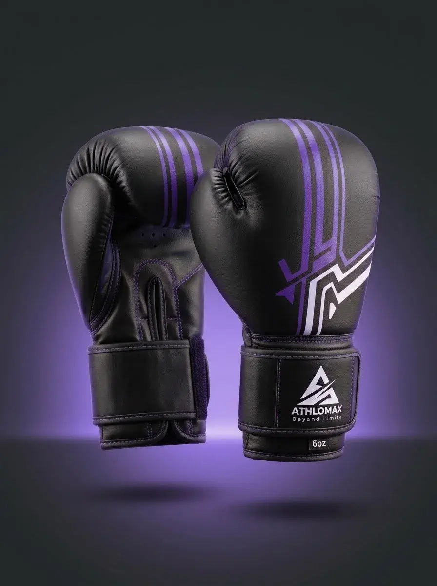 A pair of black Athlomax kids' boxing gloves with a purple and white stripe graphic, the logo and 6 oz on the strap.