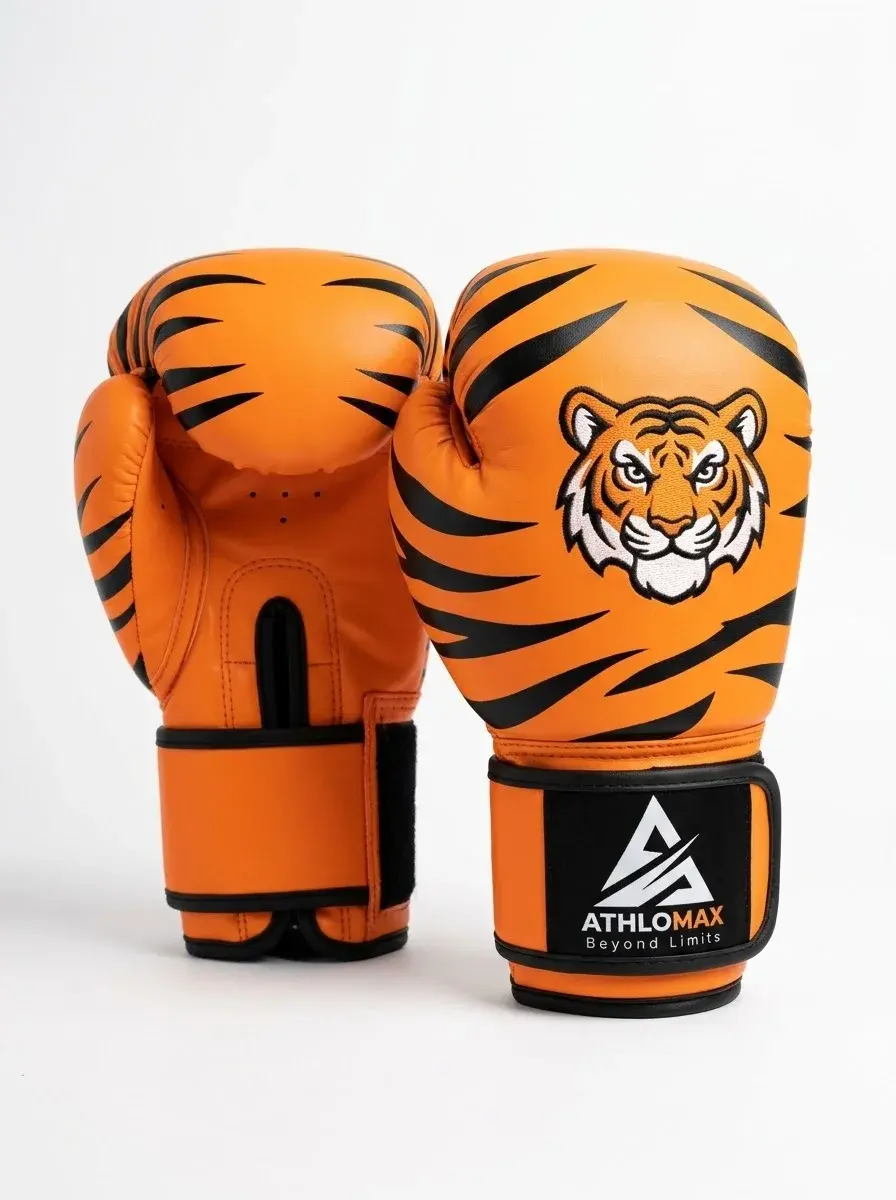 A second tiger design: all-over orange and black stripes with a tiger face on the back of the hand.