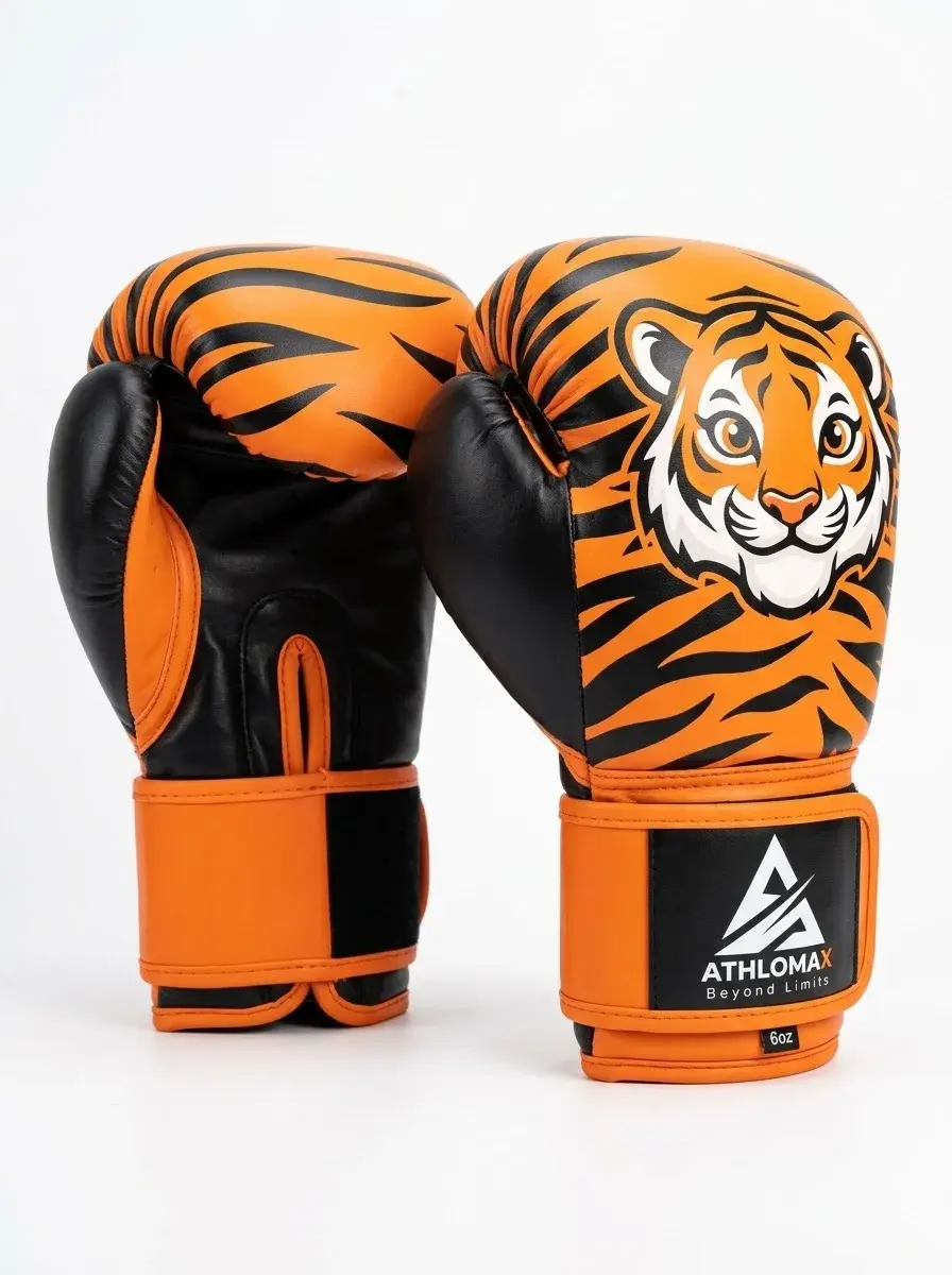 A pair of orange and black Athlomax kids' boxing gloves printed with tiger stripes and a cartoon tiger face, the Athlomax logo on a black strap panel.