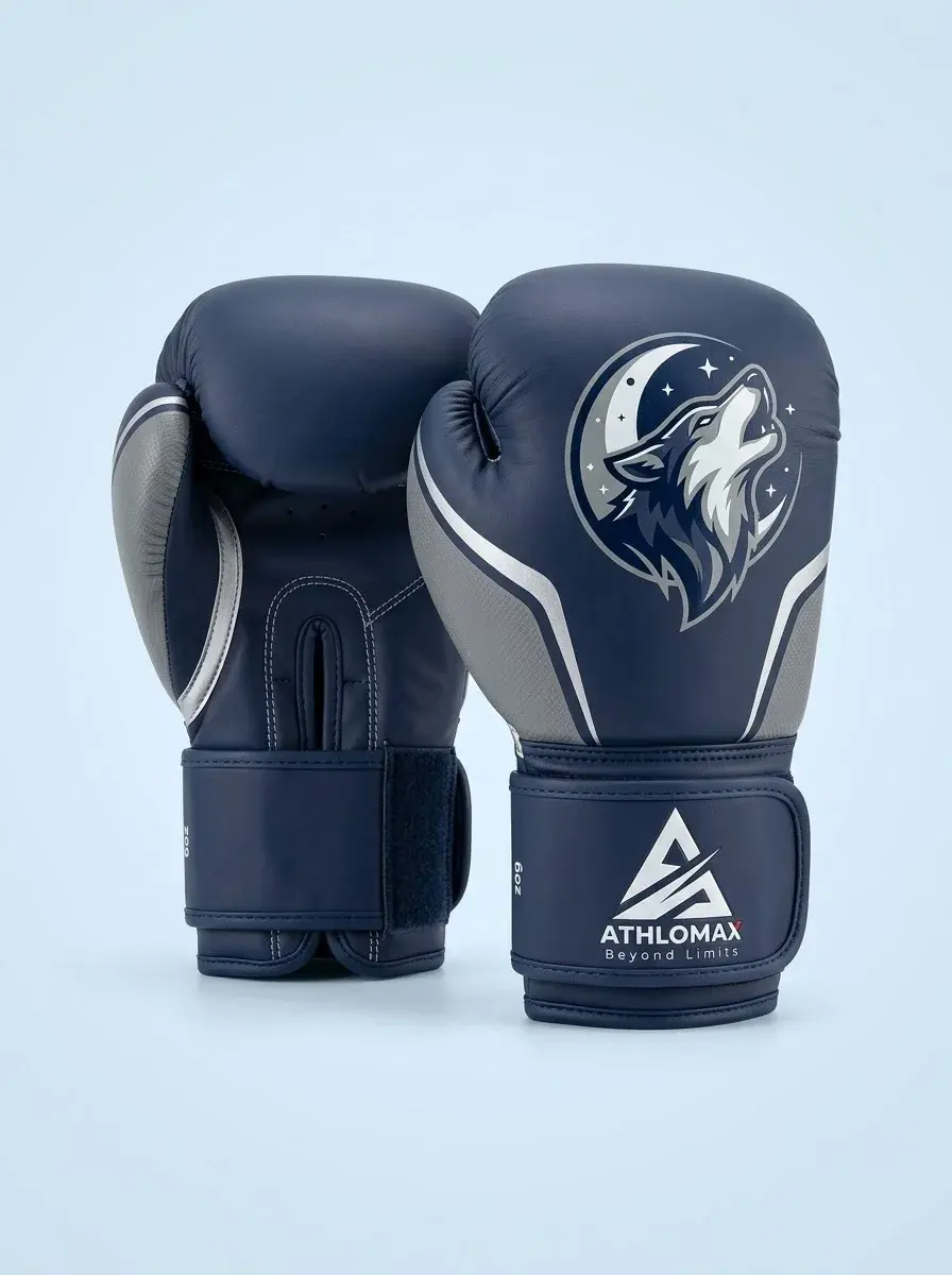 The same wolf and moon kids' gloves from the palm side and the back, with the logo on the strap.