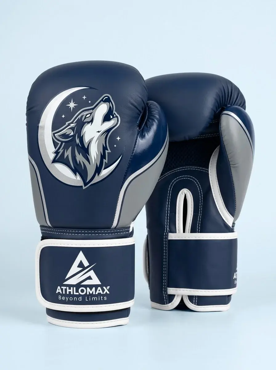 A pair of navy and grey Athlomax kids' boxing gloves with a howling wolf and crescent moon printed on the back of the hand and the Athlomax logo on the strap.