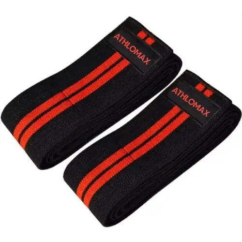 A pair of rolled black Athlomax knee wraps with red stripes and an Athlomax label on each.