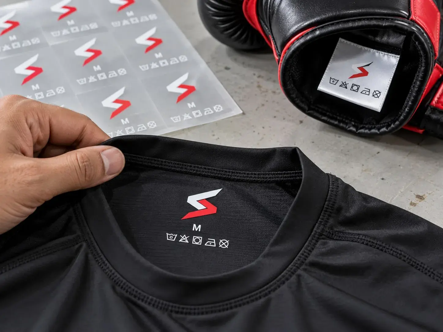 Printed brand, size and care labels: a sheet of heat-transfer labels, one printed inside a black shirt collar and one in the cuff of a black and red boxing glove.