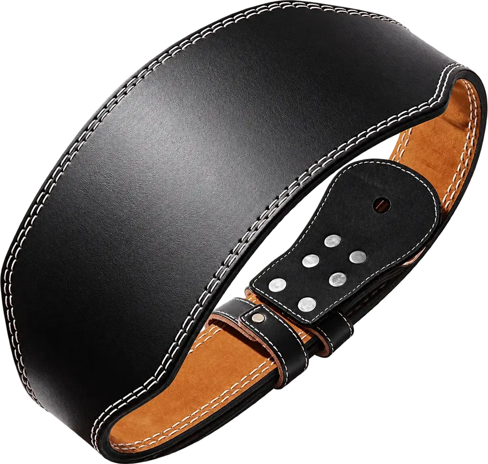 A black leather lifting belt with white edge stitching, a tan suede lining and a double row of steel buckle holes, closed into a loop.