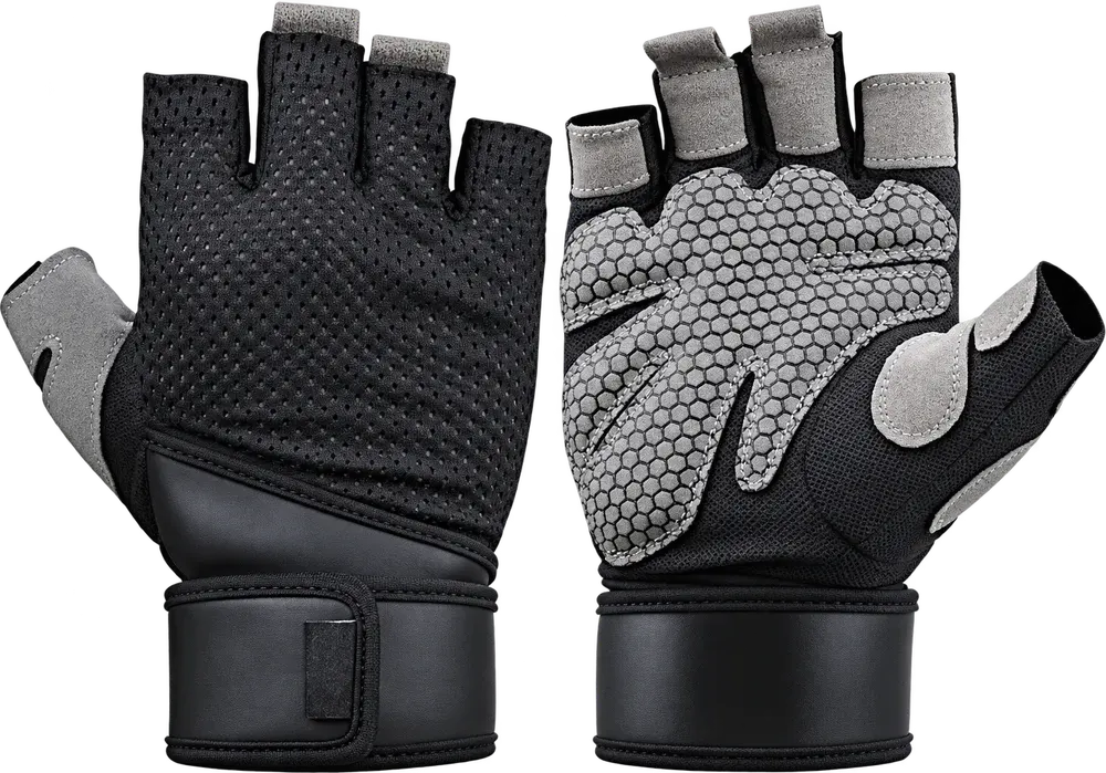 A pair of fingerless weightlifting gloves, one showing the black mesh back, the other the grey hexagon-textured grip palm, both with wide wrist straps.