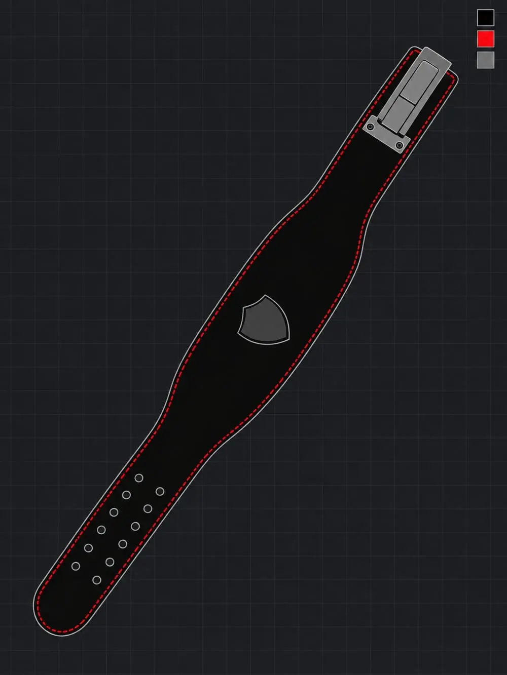 A flat technical drawing of a black lever lifting belt with red edge stitching and a grey shield emblem on the back panel, beside its three colour swatches.