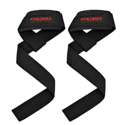 A pair of black Athlomax lifting straps with the Athlomax logo in red on the padded wrist.