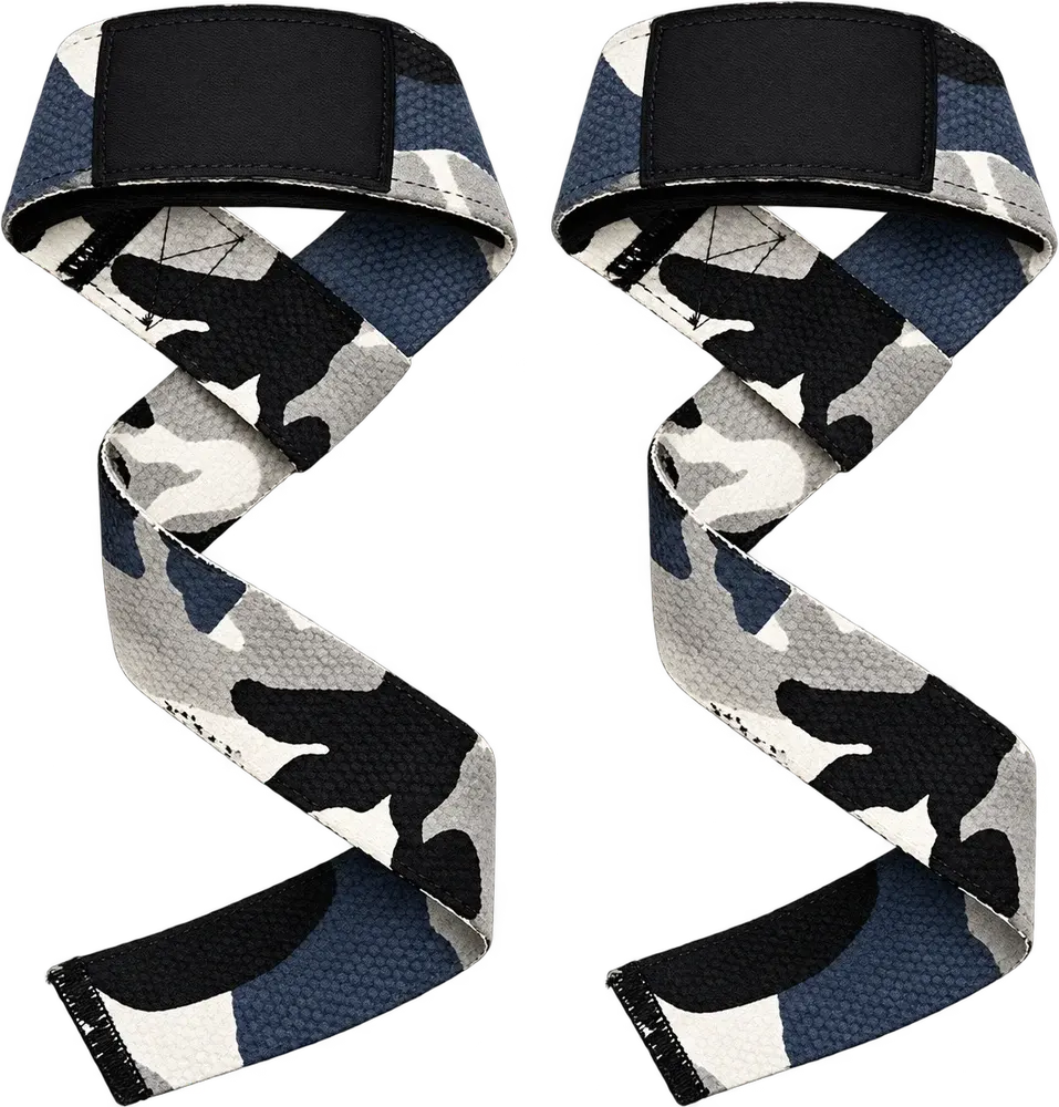 A pair of camouflage-printed lifting straps in black, grey, white and navy, each with a padded black wrist sleeve, twisted into a loop.