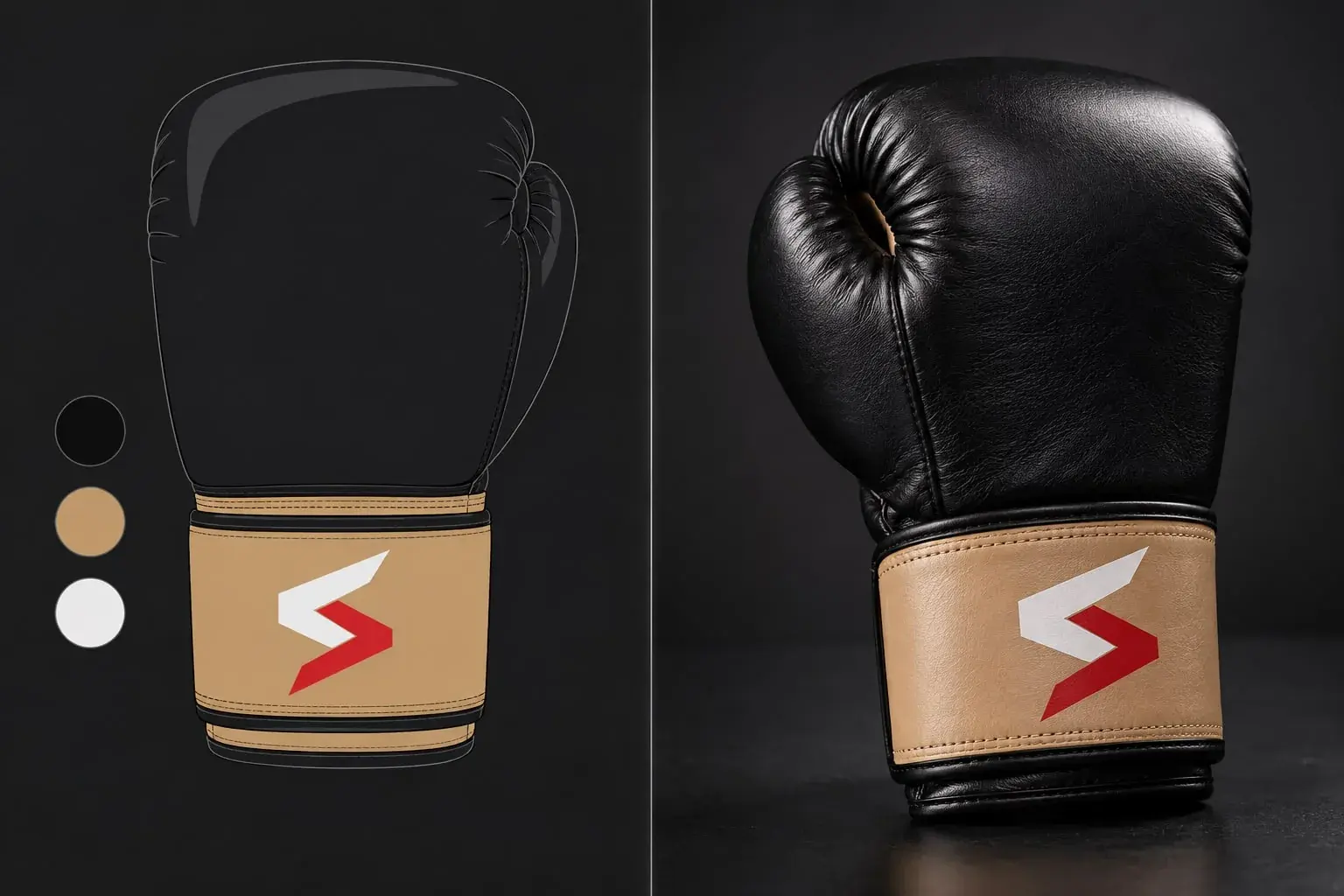A flat design mockup of a black boxing glove with a tan cuff carrying the Sparwright logo, beside the finished leather glove with the same logo heat-transferred onto the cuff.