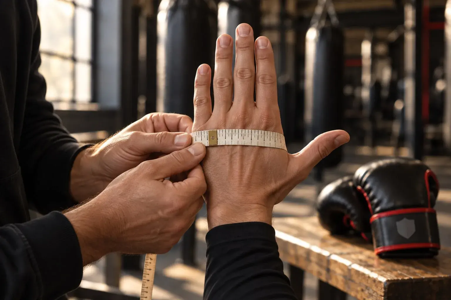 A coach wrapping a tape measure around the back of a member's hand across the knuckles, the thumb held out to the side and clear of the tape.