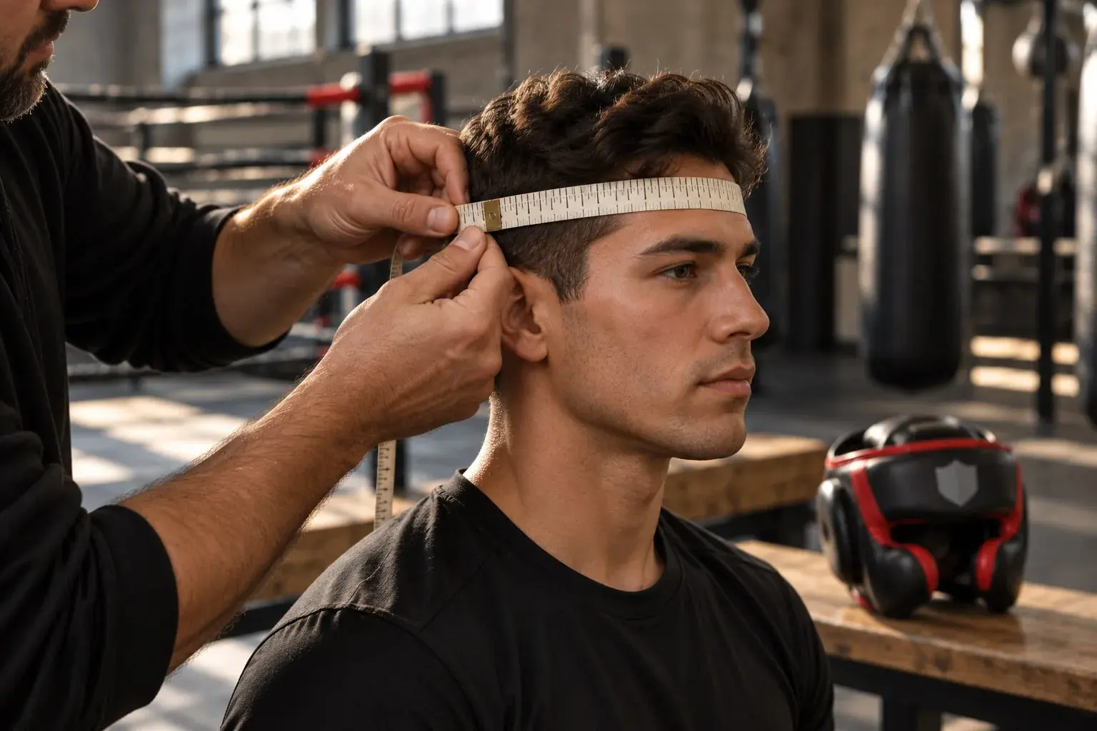 A coach holding a tape measure level around a boxer's head, about 2.5 cm above the eyebrows and over the ears, a head guard on the bench behind.