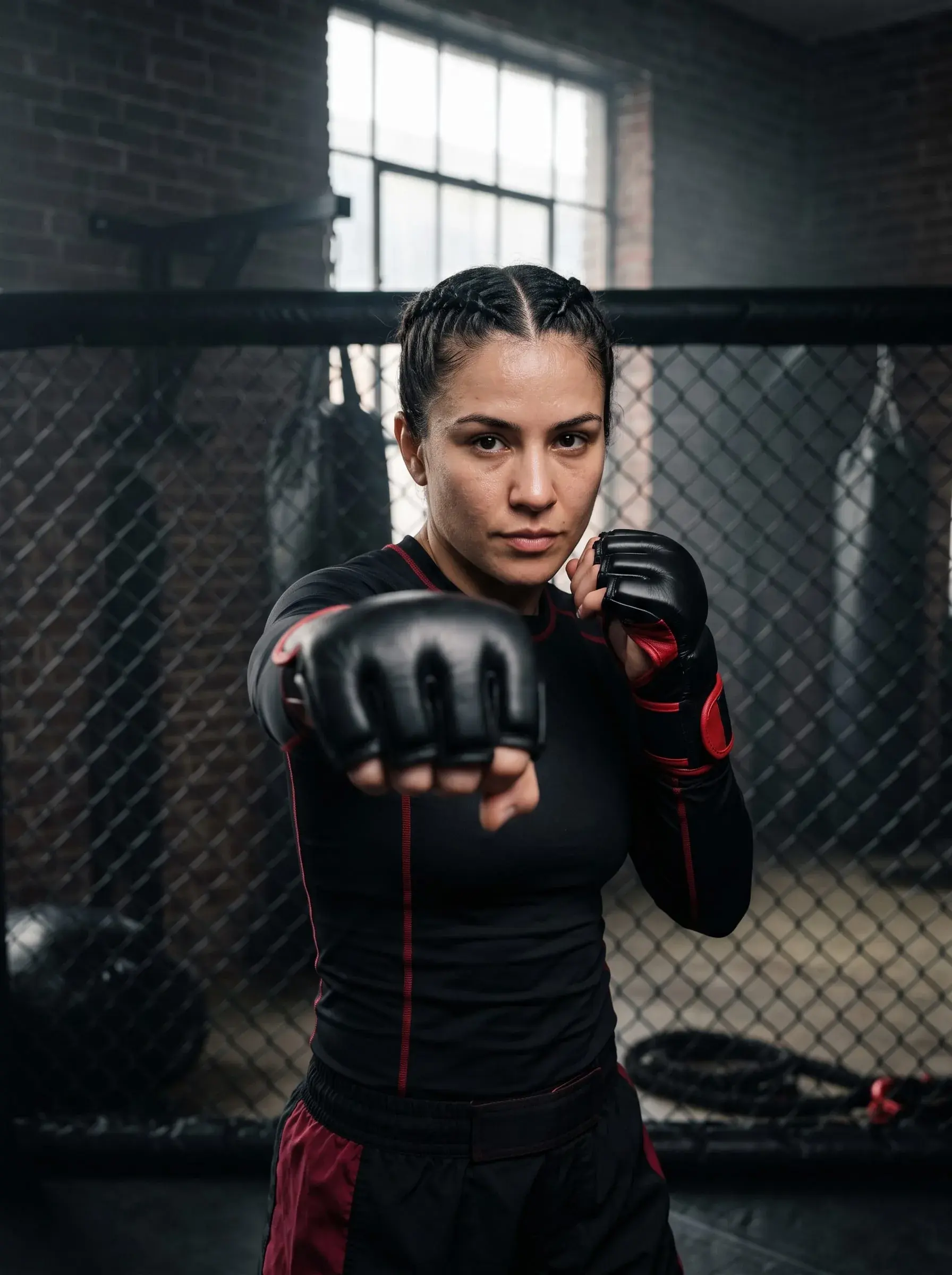 An MMA fighter throwing a jab in open-palm MMA gloves with red wrist straps, in front of a training cage.
