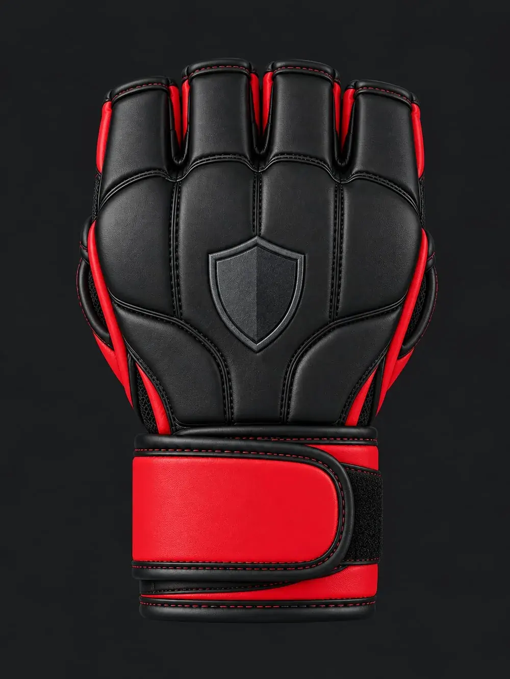 The finished black MMA glove with red piping and a red wrist strap, the grey shield emblem on the back of the hand as in the drawing.