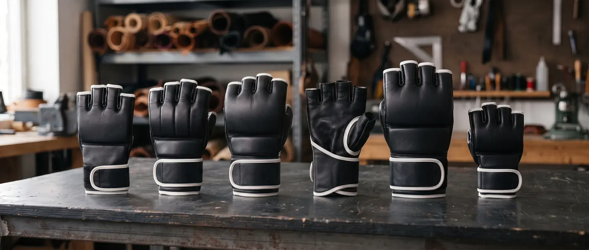 Six black MMA gloves standing in a row on a workshop bench, from a slim 4 oz fight glove through hybrid, sparring, grappling and heavy bag gloves to a small kids' glove, the padding growing from left to right.