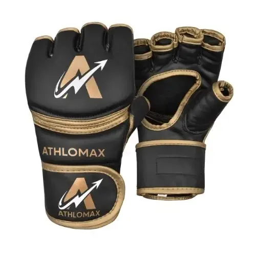 A pair of black Athlomax MMA gloves with gold trim, the gold Athlomax logo and wordmark on the backhand and the logo on the wrist strap.