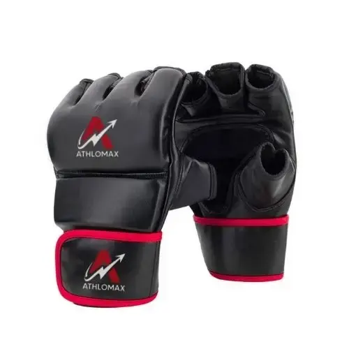 A pair of black open-palm Athlomax MMA gloves with red wrist trim and the Athlomax logo on the backhand and wrist strap.