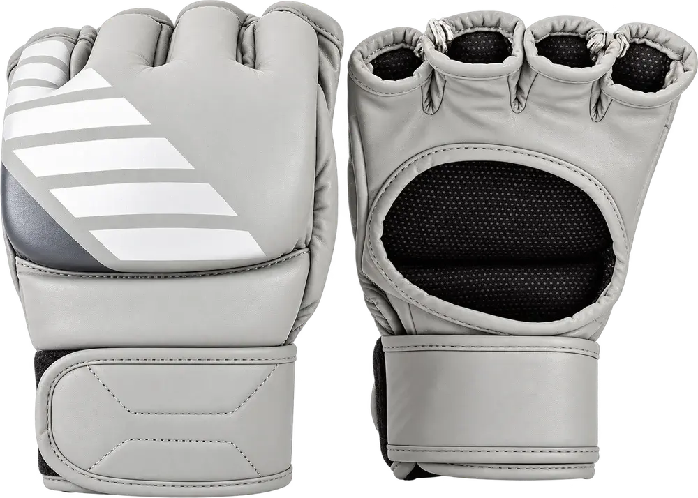 A pair of grey MMA gloves, one showing the back of the hand with white diagonal stripes, the other the palm with its black mesh panel.