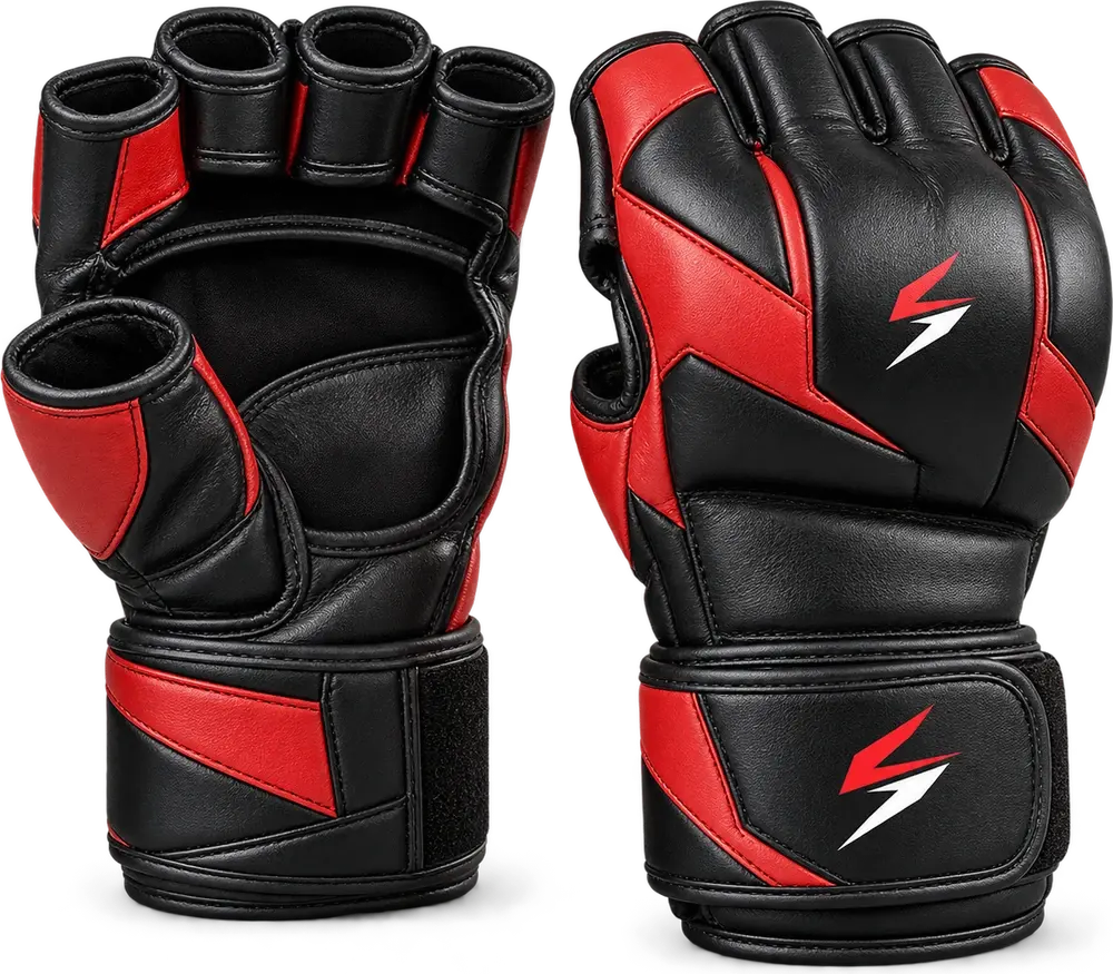 A pair of black and red open-palm MMA gloves, one showing the palm and finger loops, the other the padded knuckles and wrist strap.