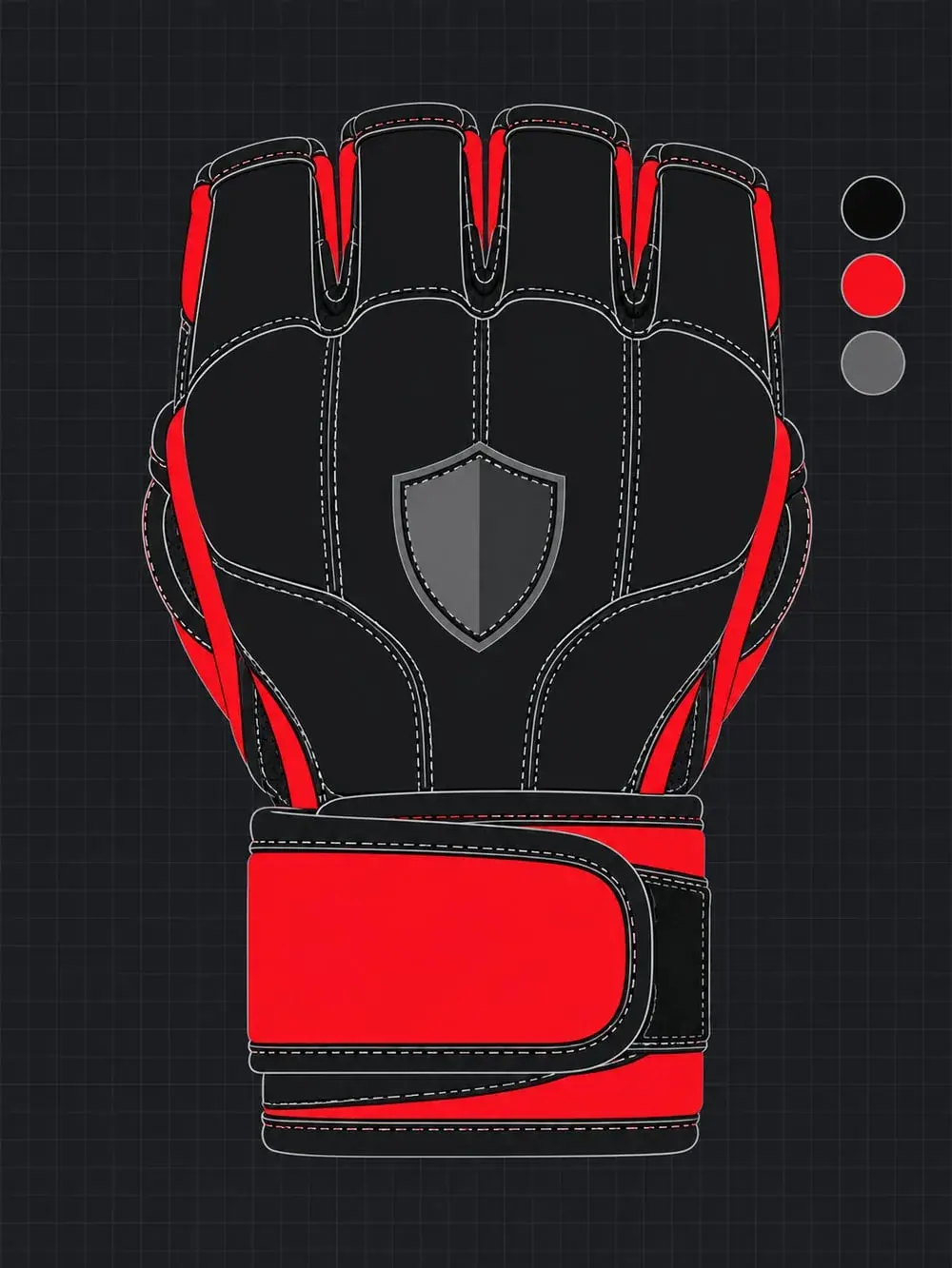 A flat technical drawing of a black MMA glove with red piping and a red wrist strap, a grey shield emblem on the back of the hand, beside its three colour swatches.