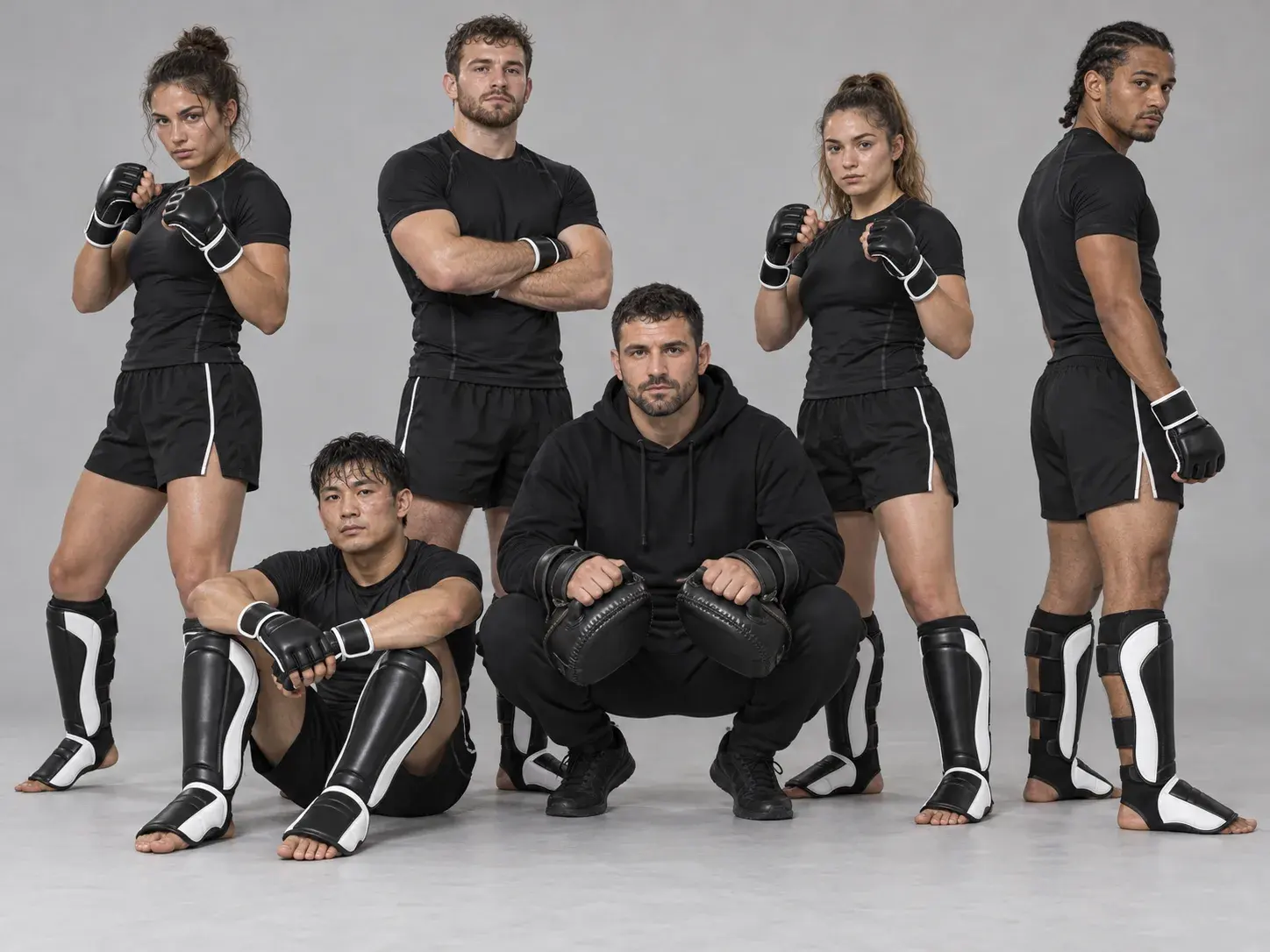 An MMA gym's squad on a light grey studio backdrop in matching black and white shin-and-instep guards, open-palm gloves and black rash guards, a coach crouching in front with Thai pads.