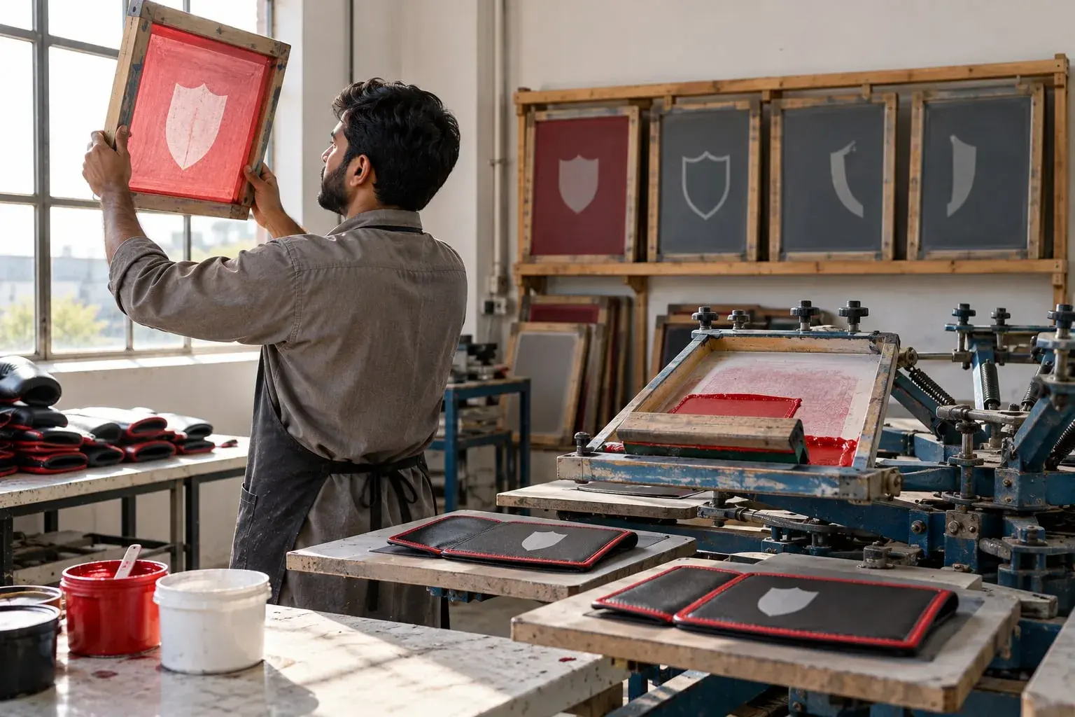 A screen printer lifting a frame with a shield design over printed panels.