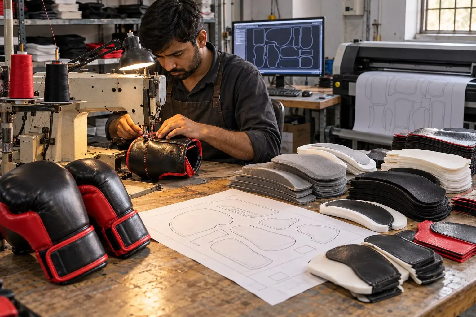 A sample maker stitching a half-built black and red boxing glove on an industrial sewing machine, a plotted paper pattern of glove panels and stacks of cut foam padding layers on the bench, a CAD screen of nested pattern pieces and a plotter behind him.