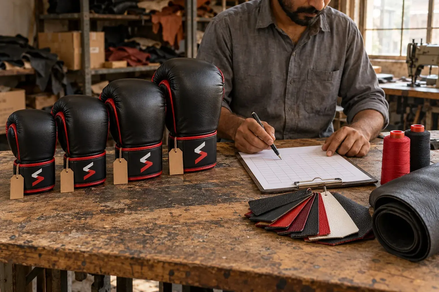 Four sizes of the same Sparwright boxing glove on a workbench beside an order sheet, leather swatches and thread.