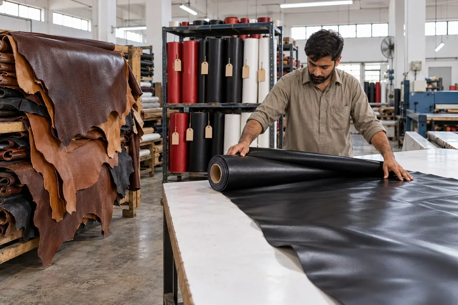 A craftsman unrolling a roll of black PU leather across a cutting table, whole leather hides stacked on a rail beside him and tagged rolls of red, black and white PU on a rack behind.