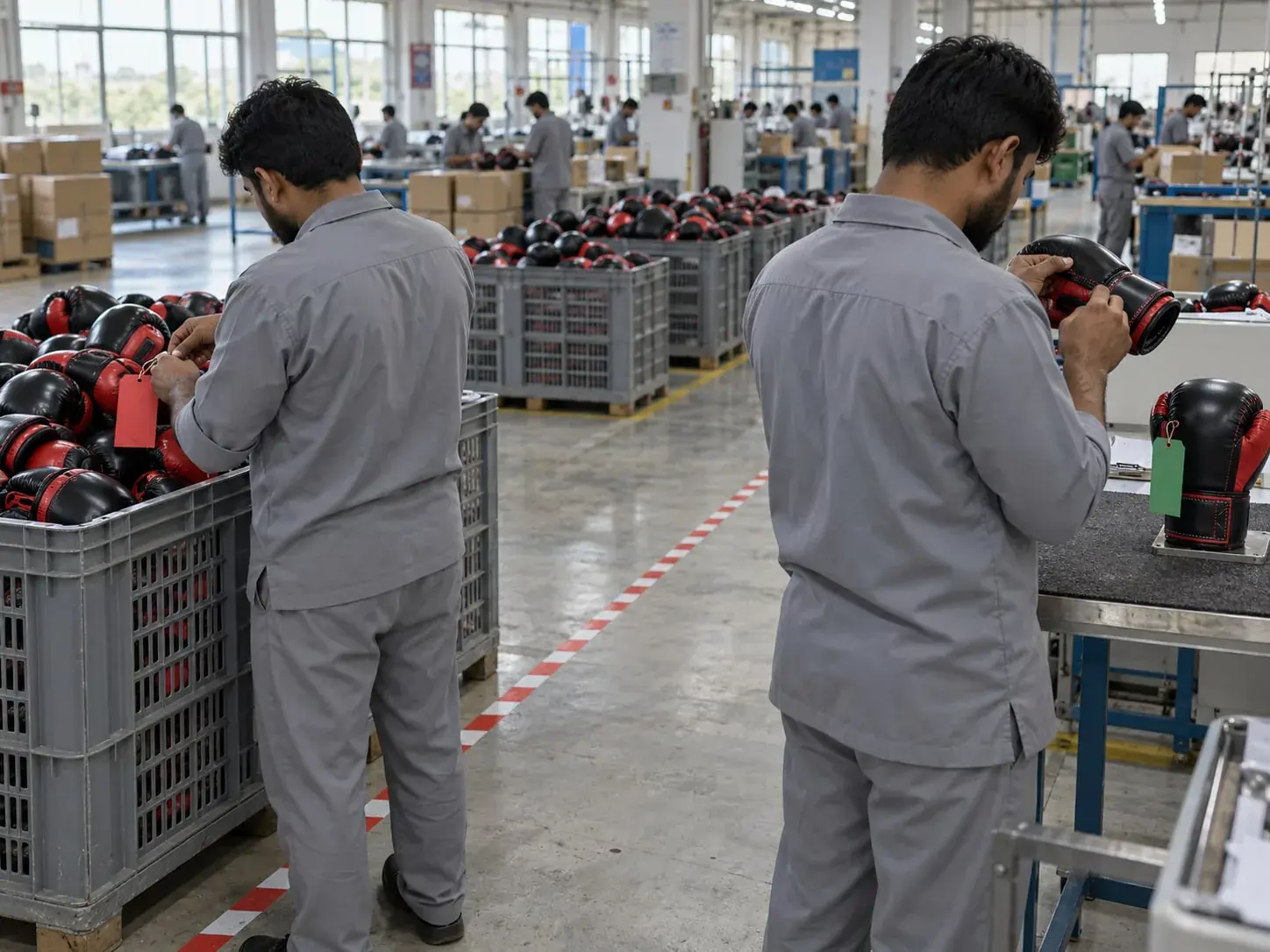 An inspector tying a red hold tag to a crate of boxing gloves set apart behind floor tape, while a second inspector compares a glove against the green-tagged approved sample.