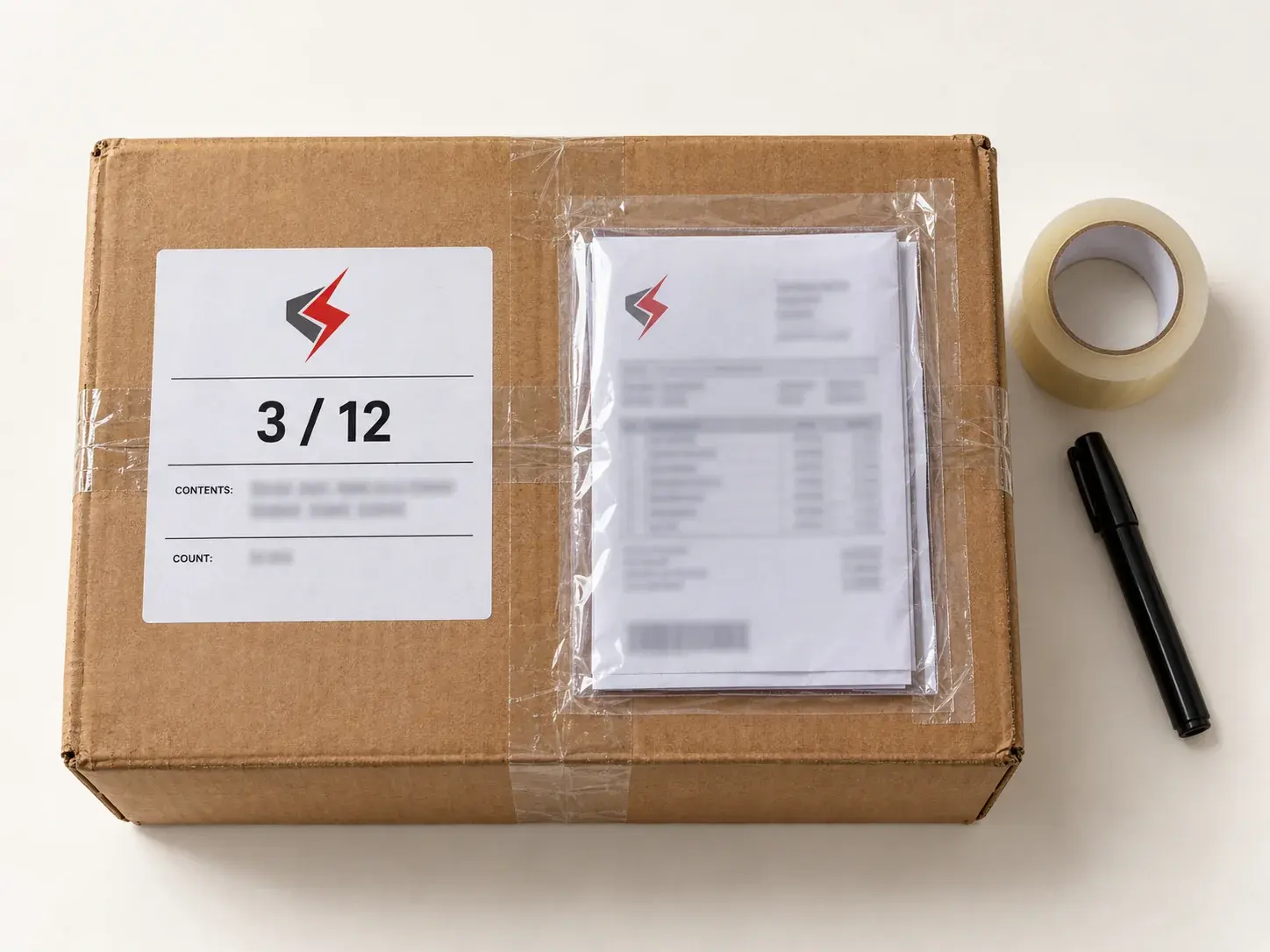 A sealed brown export carton with a shipping-mark label reading carton 3 of 12 and a packing list in a clear pouch, beside a roll of tape and a marker.