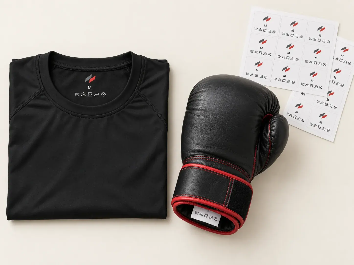 A folded black rash guard with the logo, size and care symbols printed inside the collar, a black boxing glove with a care label in its cuff, and sheets of the same printed labels.