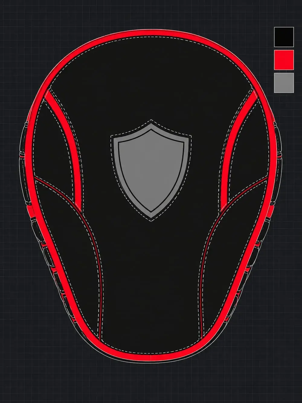 A flat technical drawing of a black focus mitt with red piping and a grey shield emblem on the striking face, beside its three colour swatches.