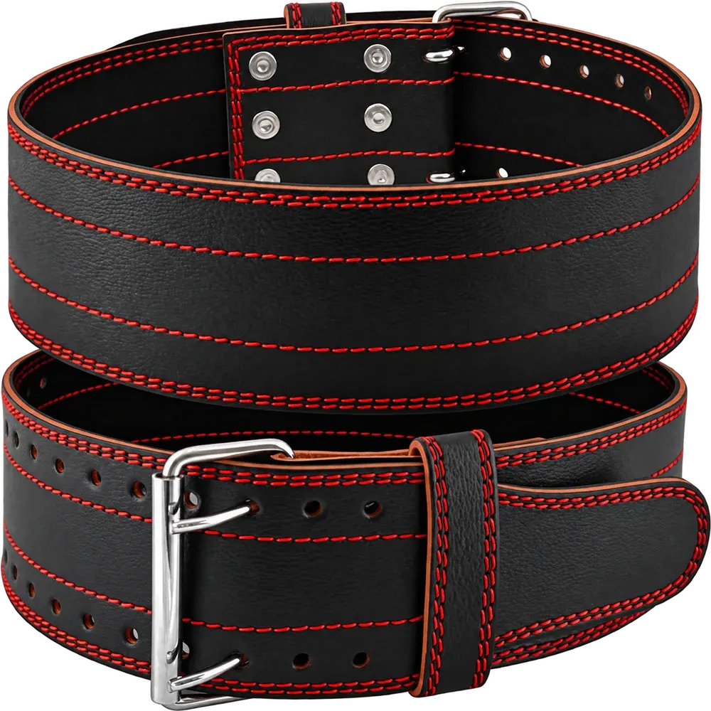 A black leather powerlifting belt shown twice, with rows of red stitching, a double row of buckle holes, a riveted keeper and a double-prong steel buckle.