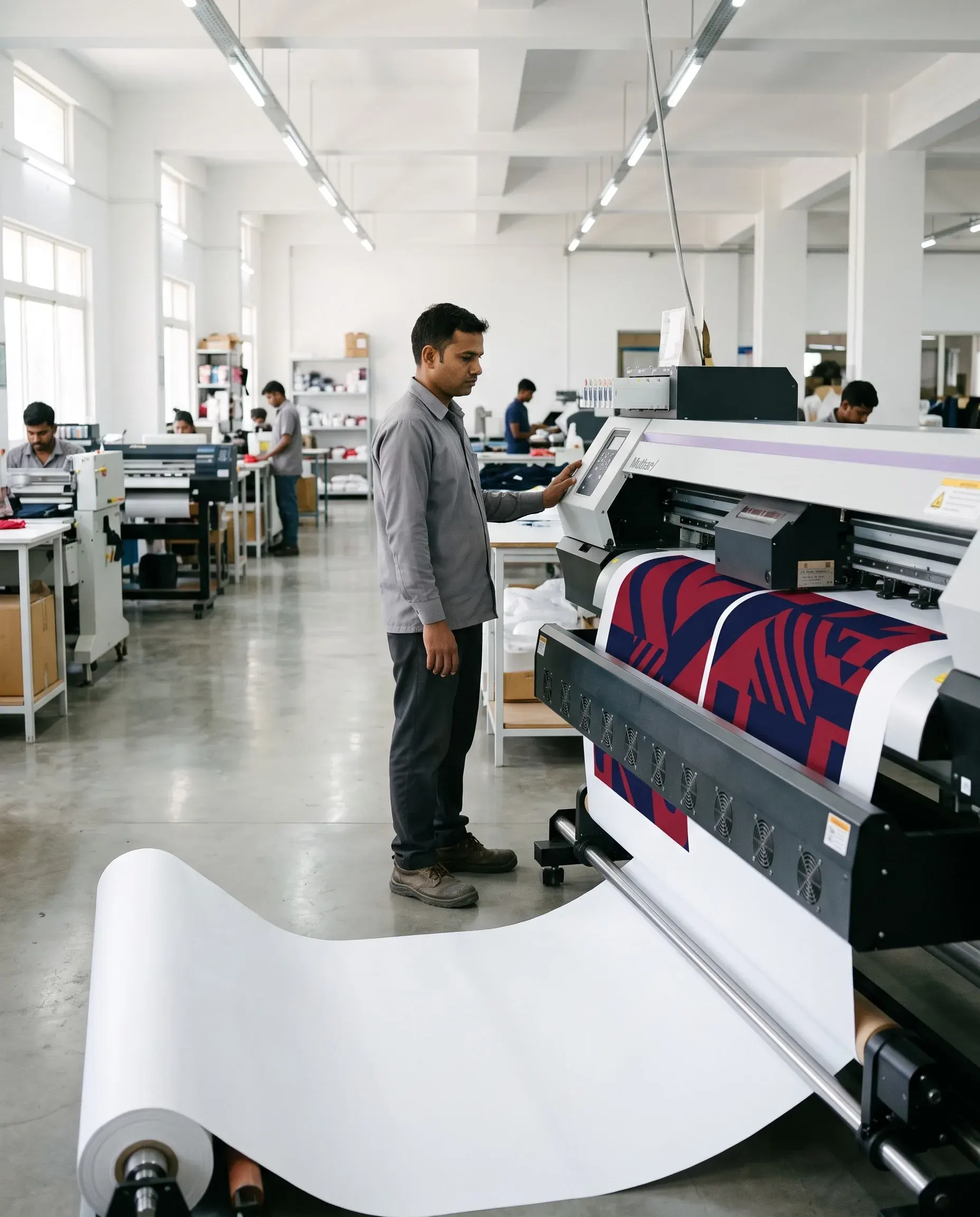 An operator at a wide-format sublimation printer as a printed club design feeds out.