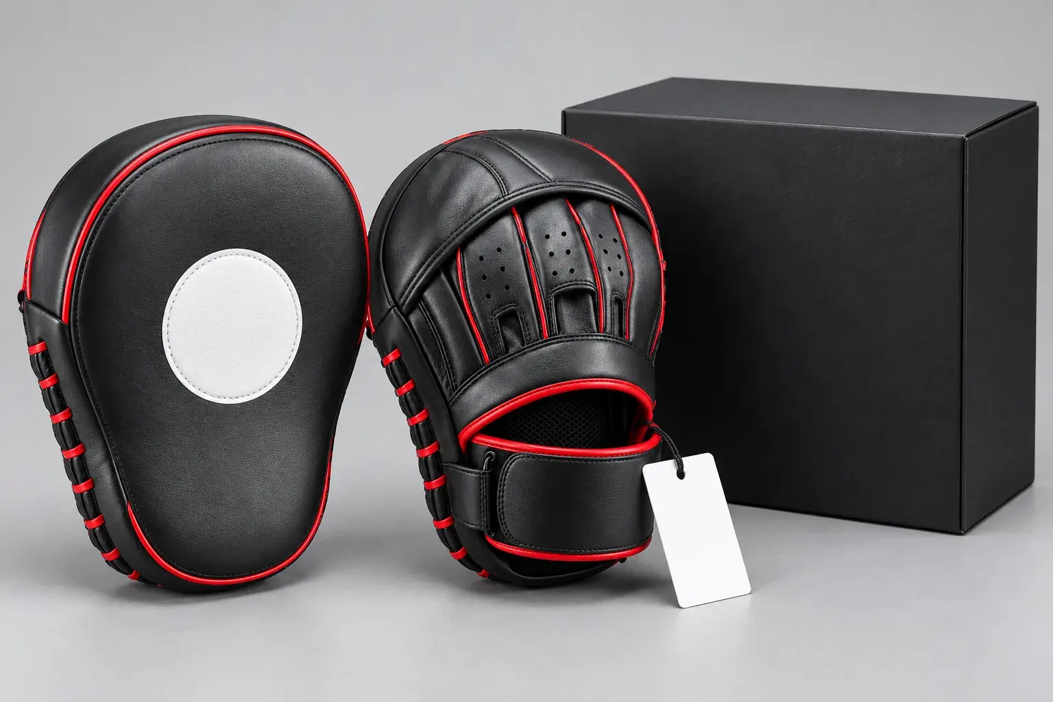 A pair of black and red curved focus mitts, one with a blank round logo panel on the striking face and the other with a blank swing tag, beside a plain black retail box.